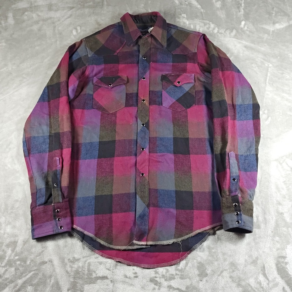Wrangler Shirt Mens 16x36  X Long Tails Purple Plaid Western Pearl Snap Flannel